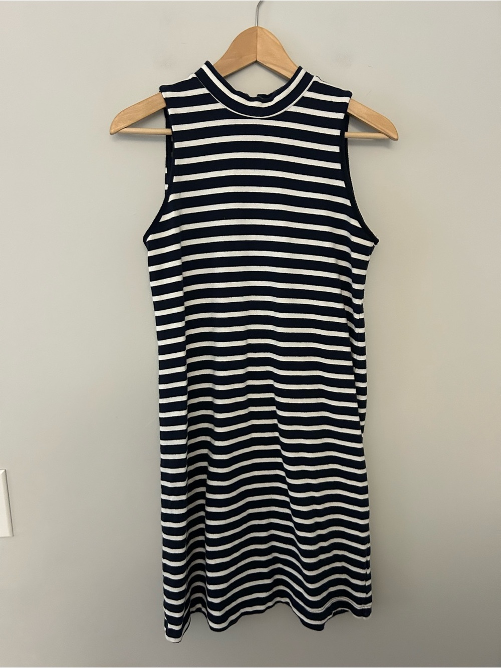 Amour Vert 100% Cotton Button Back Navy and White Stripe Sleeveless Mini Dress